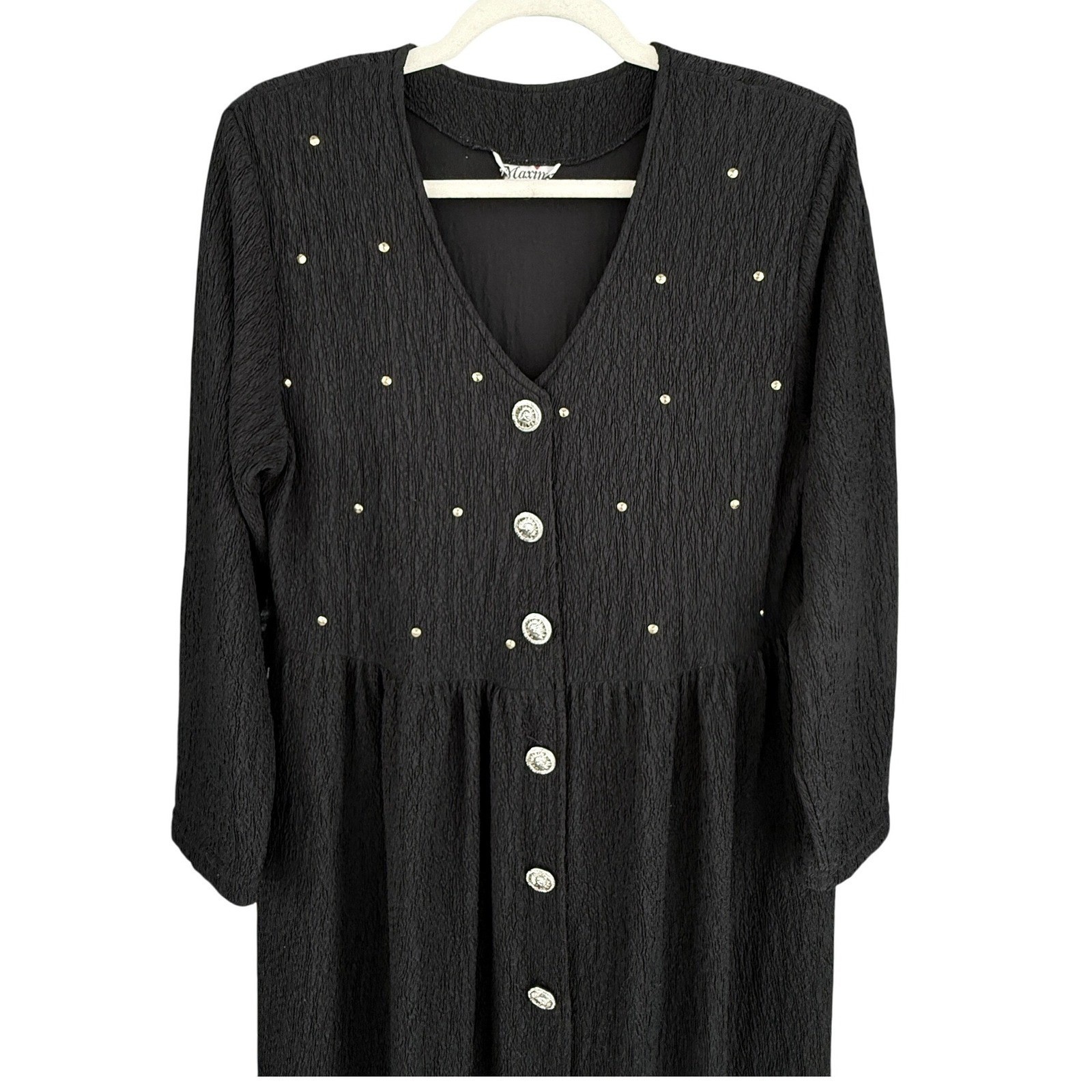 A3 Maxima Dress Sunburst Buttons Midi 1990s Vintage Studded Crinkle Black