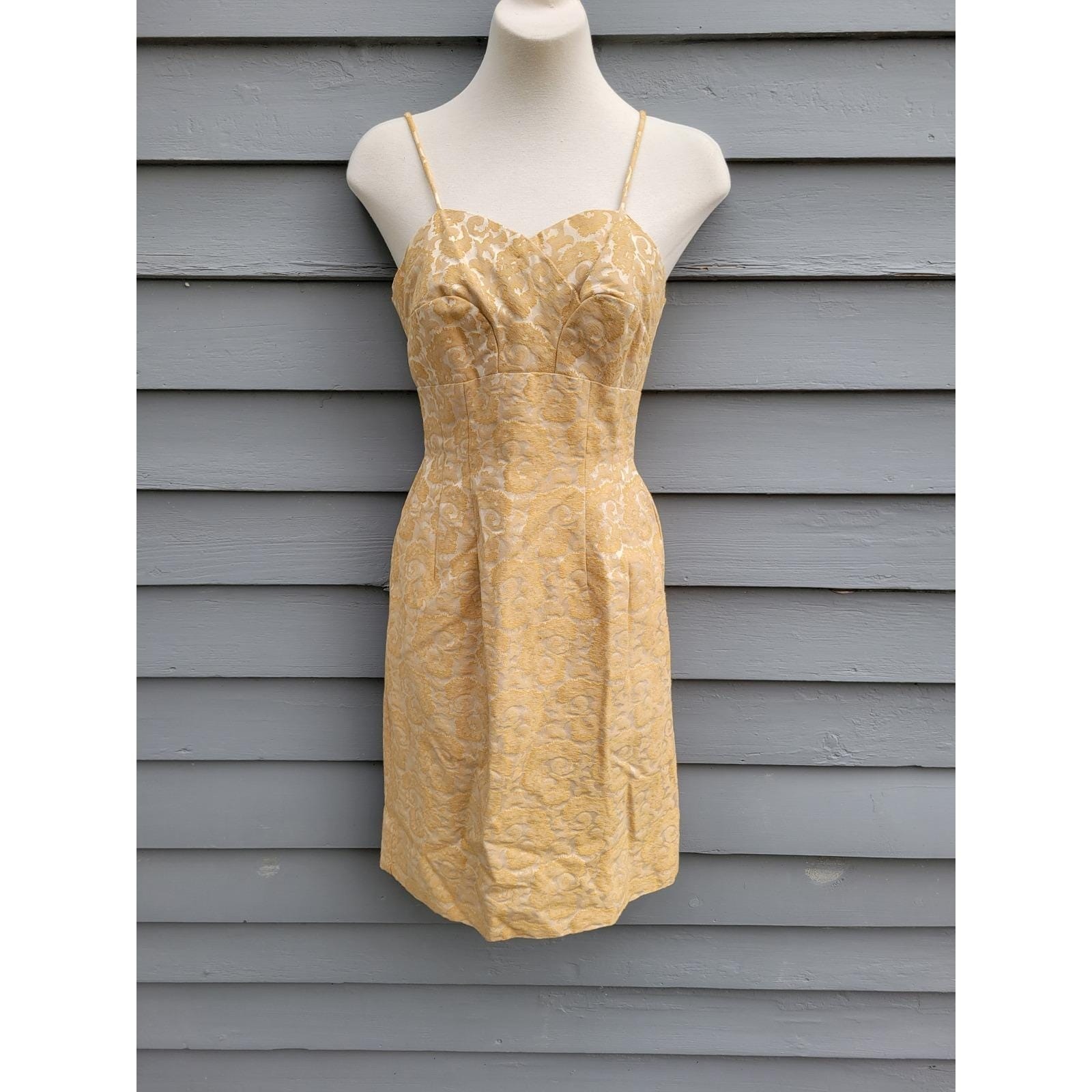 Vintage 60s Gold Brocade Wiggle Dress & Feather Trim Bolero Jacket Set Size 5