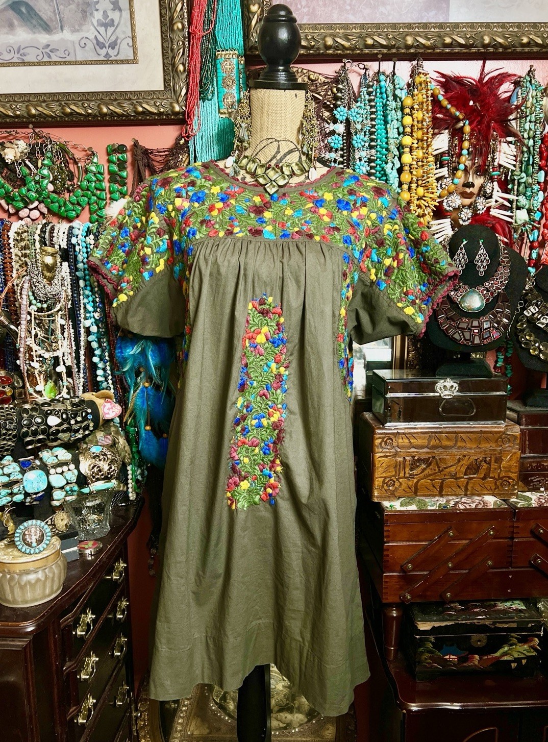 Beautiful Oaxaca Sister Mary In Olive Green Multi Embroidery Burgundy Crochet ML