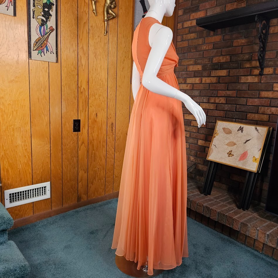 Vtg 70s Peach Chiffon Formal Maxi Dress Rosette Prom Bewitched Party Wedding S