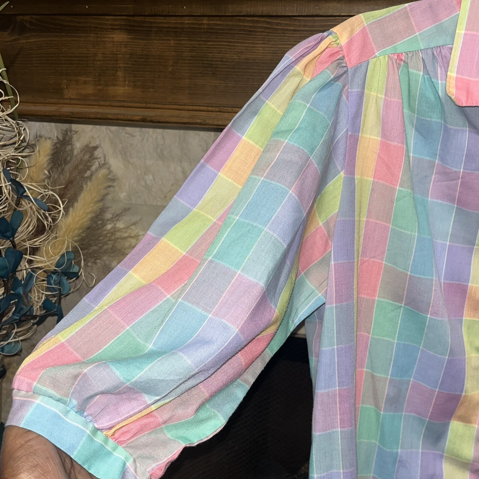 Vintage Pastel Checkered Plaid 70s 80s Button Up Shirt Top