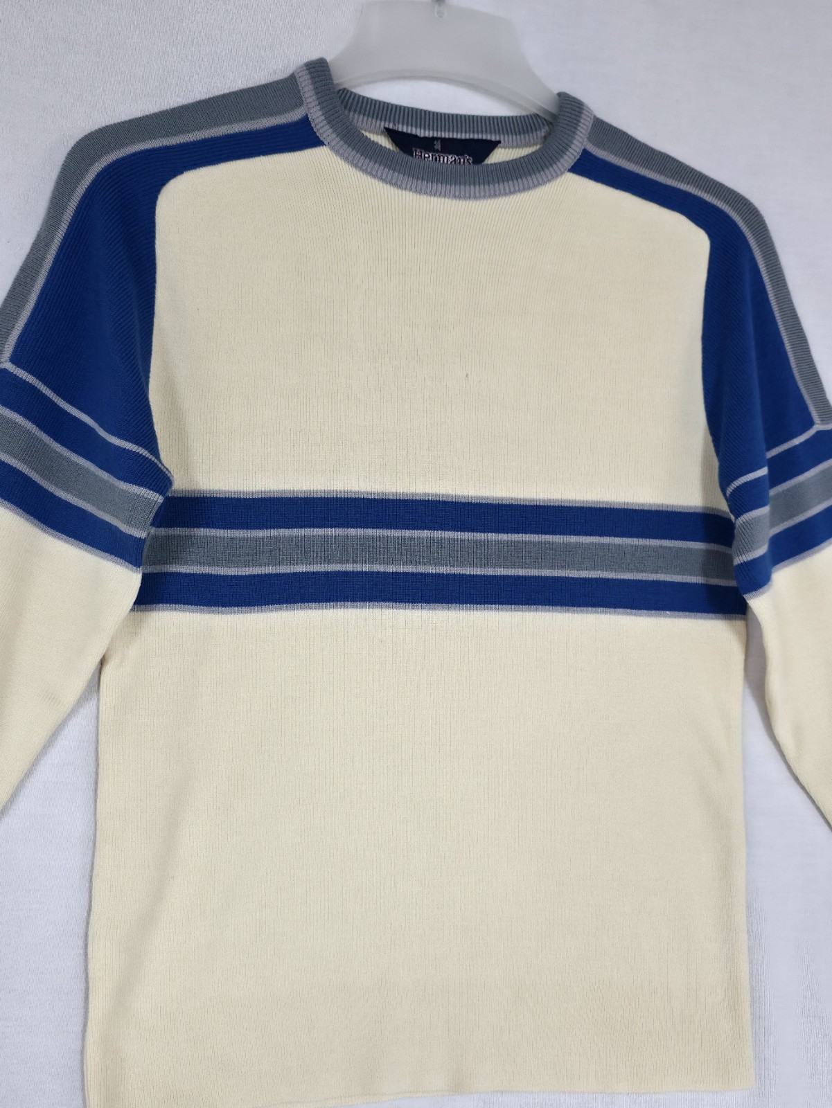 Vtg Herman’s Ladies Blue/Ivory Striped Wool Blend Ski Snowboard Sweater Sz L