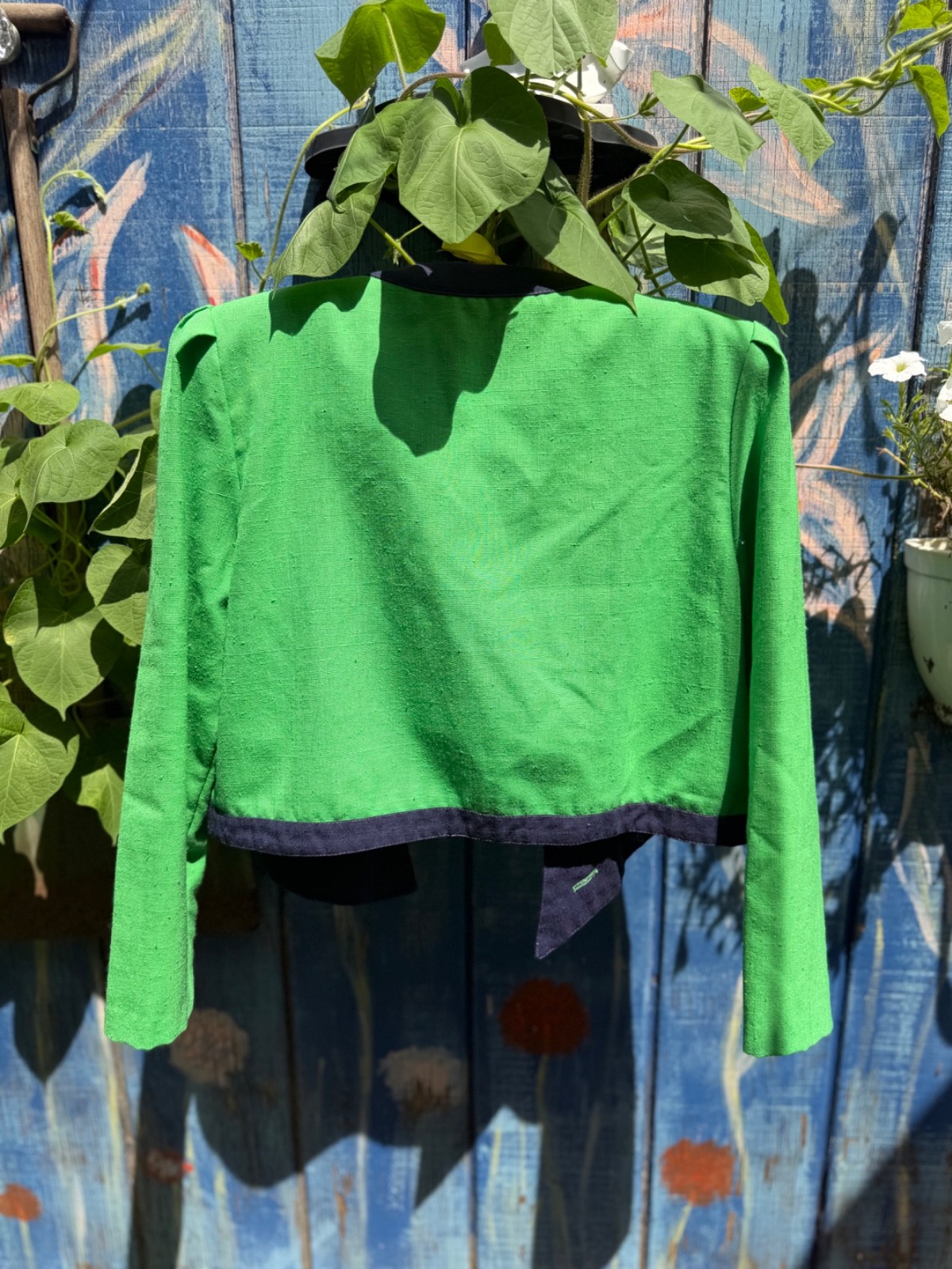 Vtg 80s Cropped Colorblock Blazer Jacket Green Navy Blue Puff Shoulder Wrap S/M