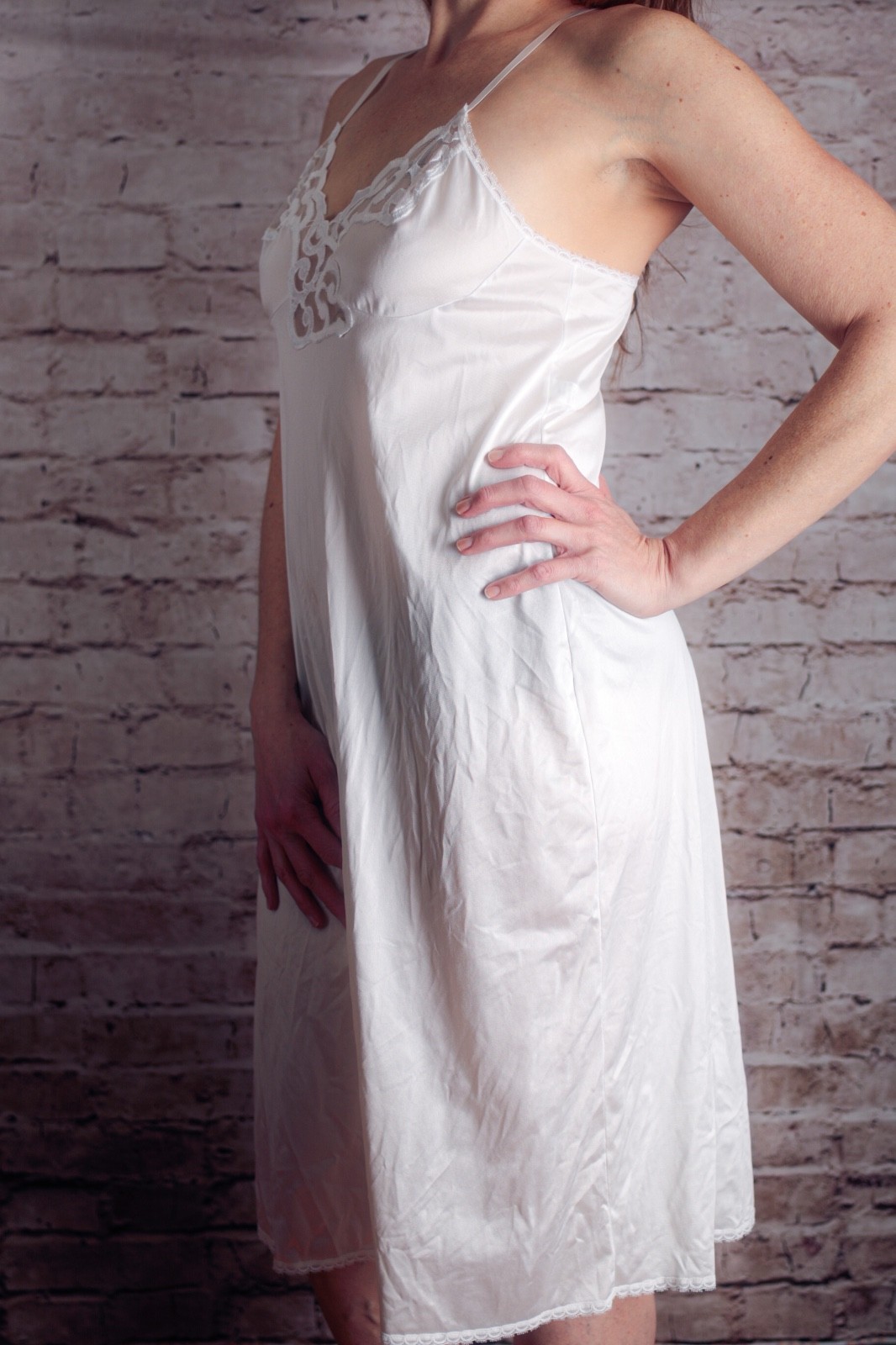 Cabernet Vintage Retro Glam Pinup Soft Silky Satin Lace Full Slip 38 Med White