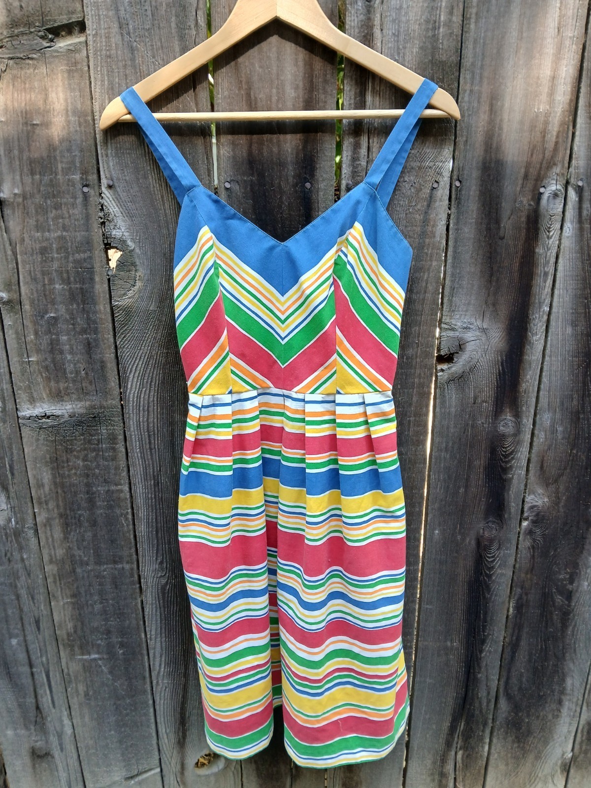 Vintage Lanz Originals Rainbow Striped Sundress Chevron Bodice Midi S 70s 80s