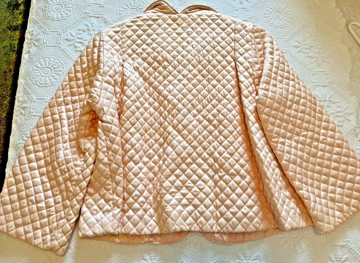 VTG 50s 60s Barbizon PEACH WOMENS Quilted Rayon Bed Jacket SZ 12 3/4 Sleeve
