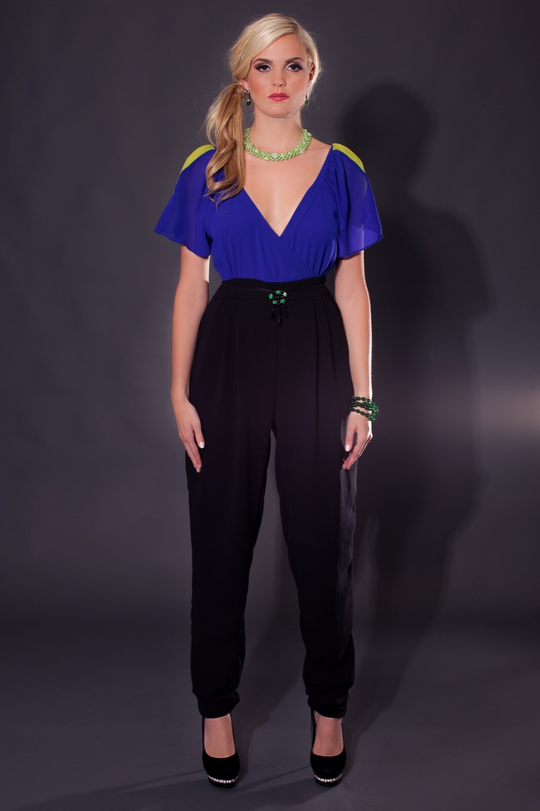 BUTTERFLY SLEEVE ONE PIECE RETRO BLUE GREEN AND BLACK CHIFFON JUMPSUIT