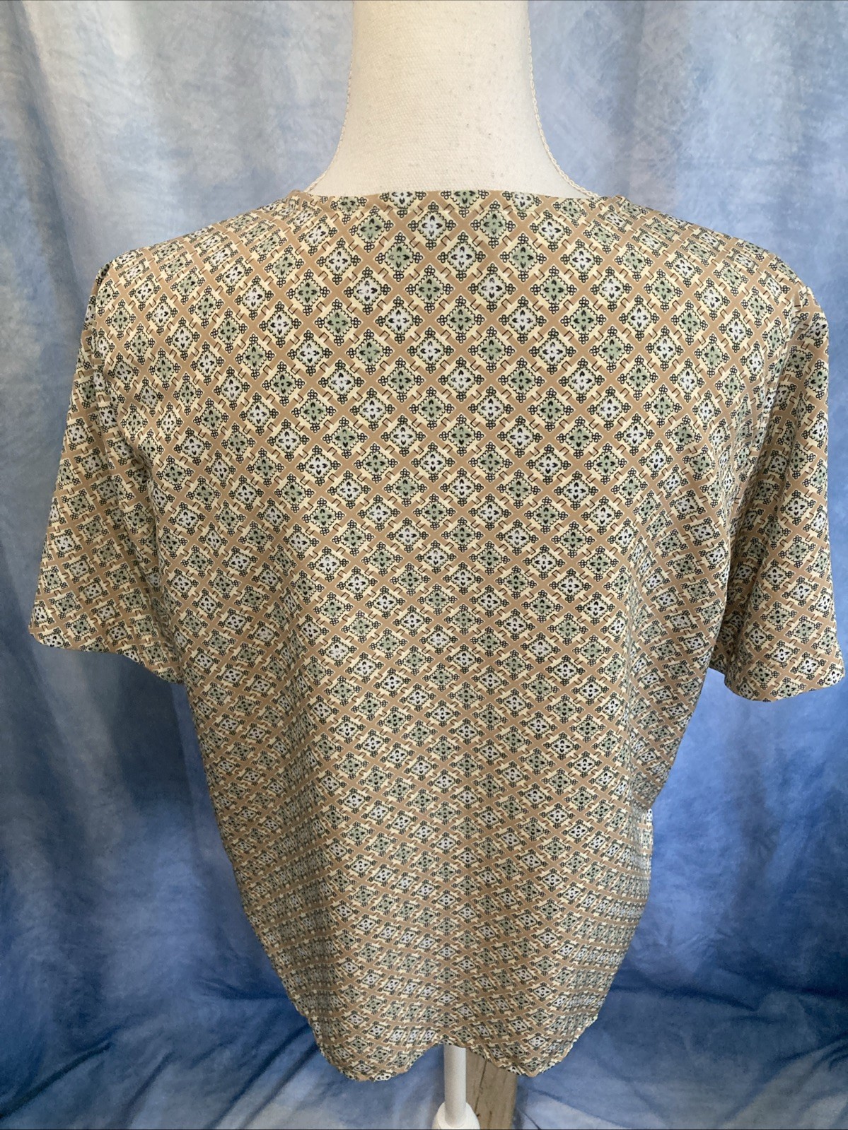 Vtg 90s Notations Geometric Tile Blouse Earth Tone Mod Career Shell Top Retro