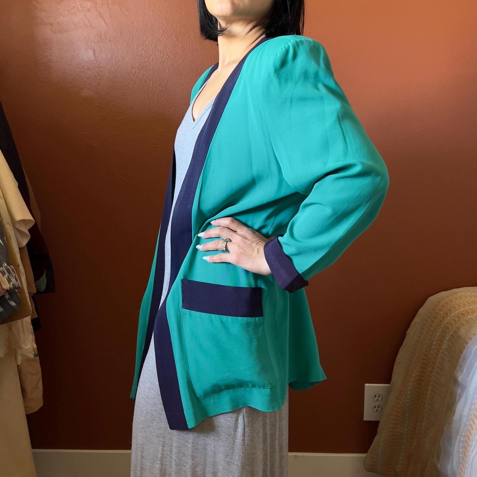 vtg 80s color blocked green open front blazer size 14 made in USA casual