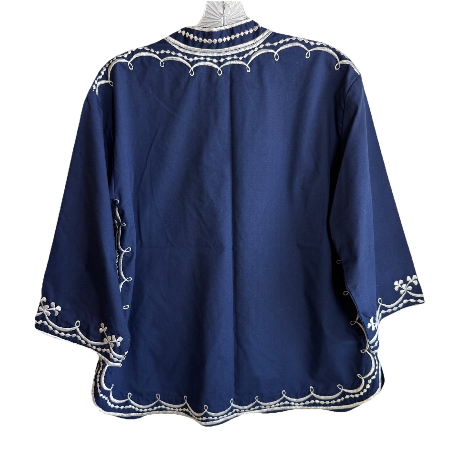 Caro Honolulu VTG Size 16 Blue Jacket Tunic White Floral Embroidery Loop Buttons