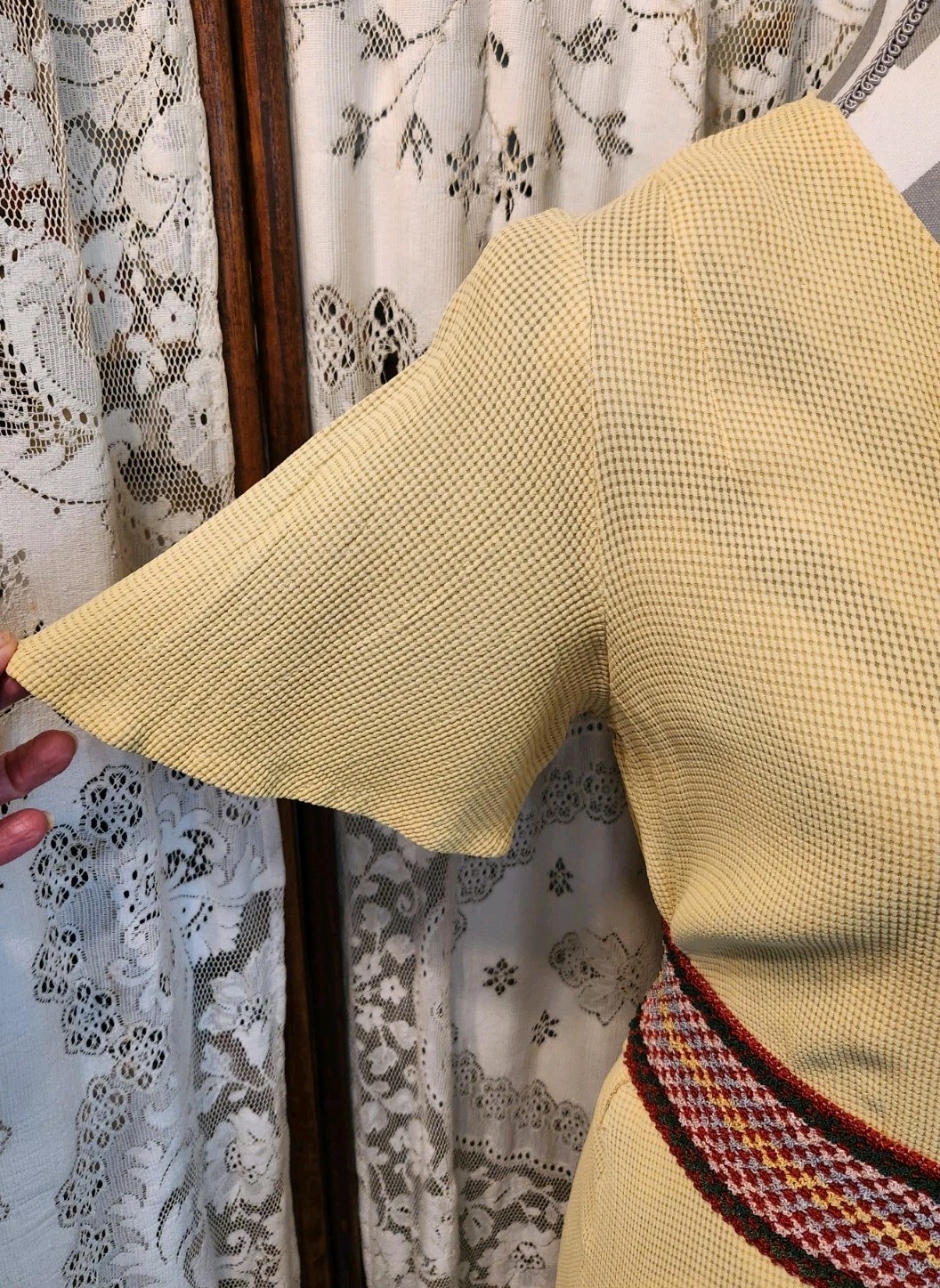 Vintage 1930s Yellow Waffle Knit Dress with Flutter Sleeves and Pockets