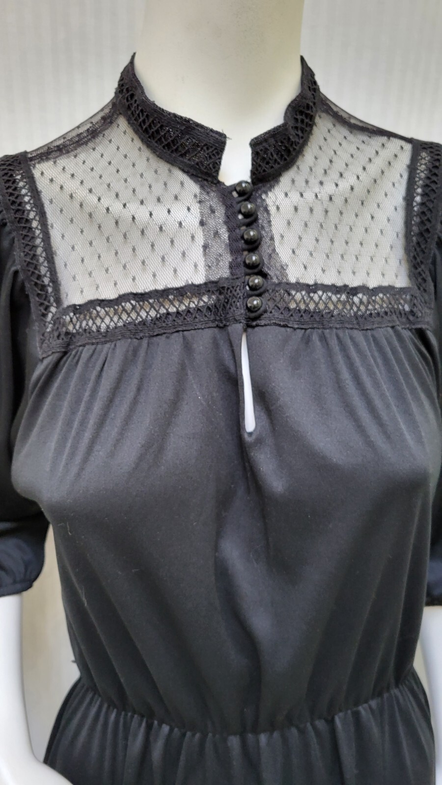 Vintage AMY DEB Black Knit Dress with Mesh Lace Yoke – Size M