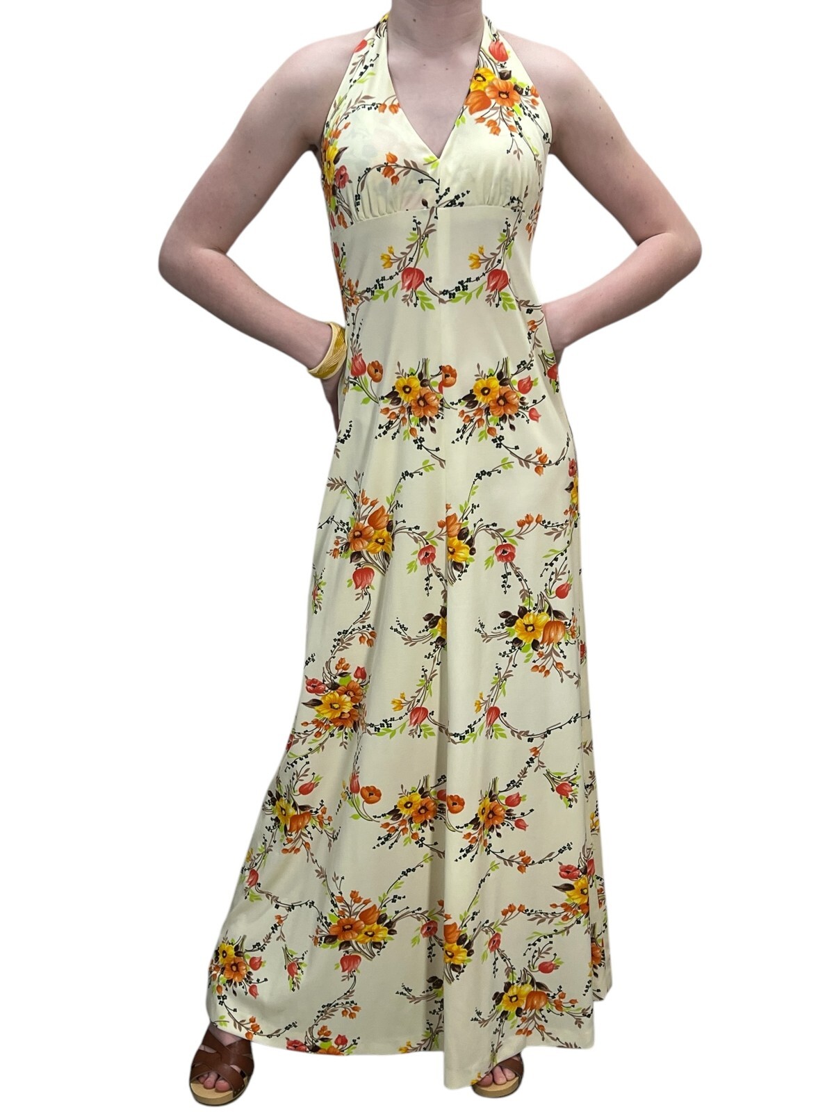 S Vtg 60s 70s Maxi Dress Lined HALTER Open Back ORANGE Floral Flat Knit Boho