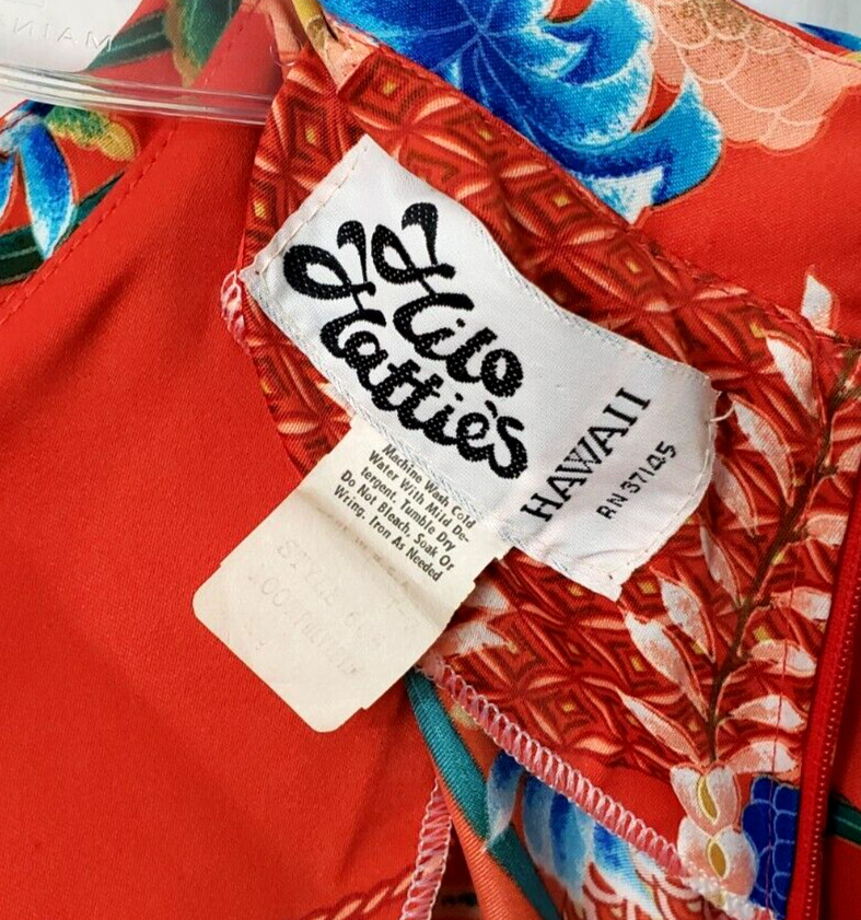 Hilo Hattie Hawaiian Dress 6 Maxi Asian Mandarin Collar Floral Red Vintage 70s
