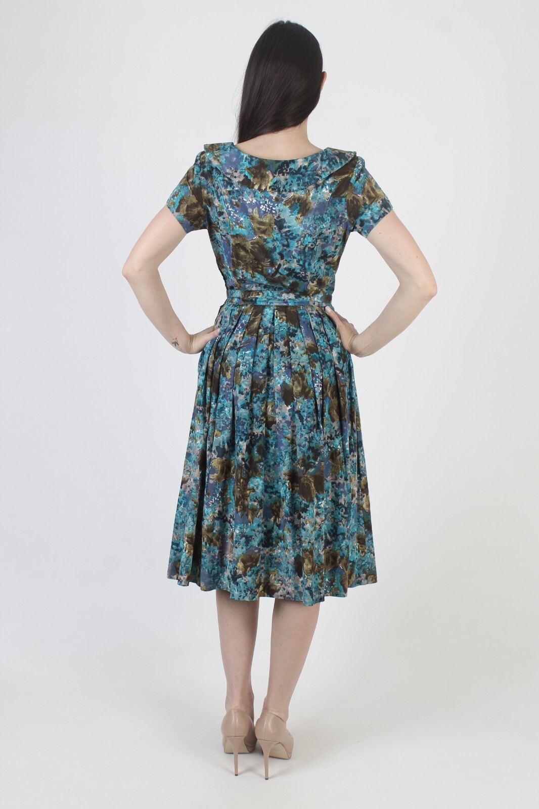 Vintage 50s Pat Nichols Floral Dress Mid Century Pin Up Belted Rockabilly Swing