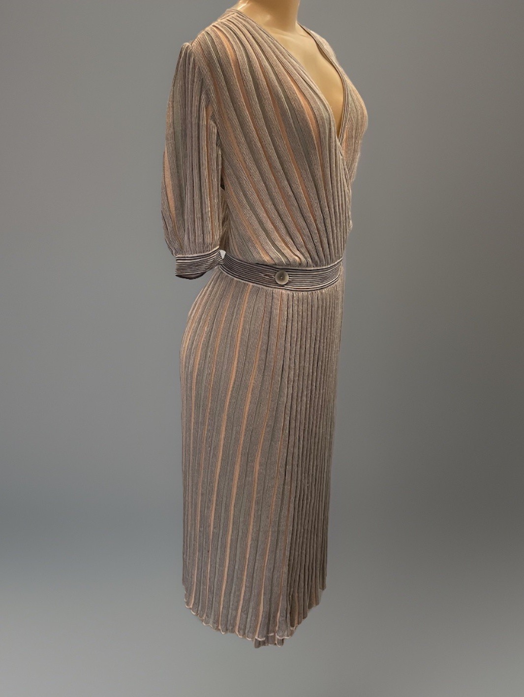 Vintage 1970s Albert Nipon Italy Knit Wrap Dress Short Sleeve Pleated Duster 6