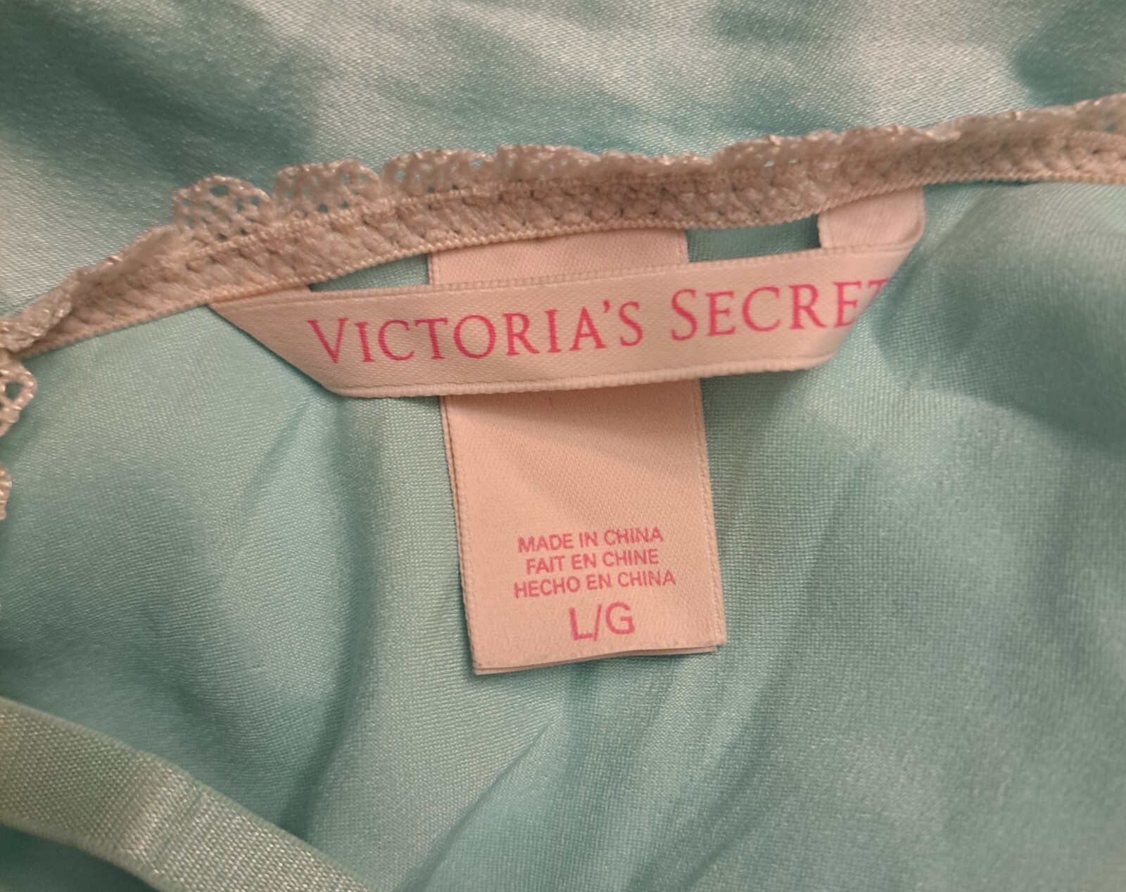 Vtg Victoria’s Secret Satin Chemise Gown Large Aqua Blue Lace Rhinestones 2013