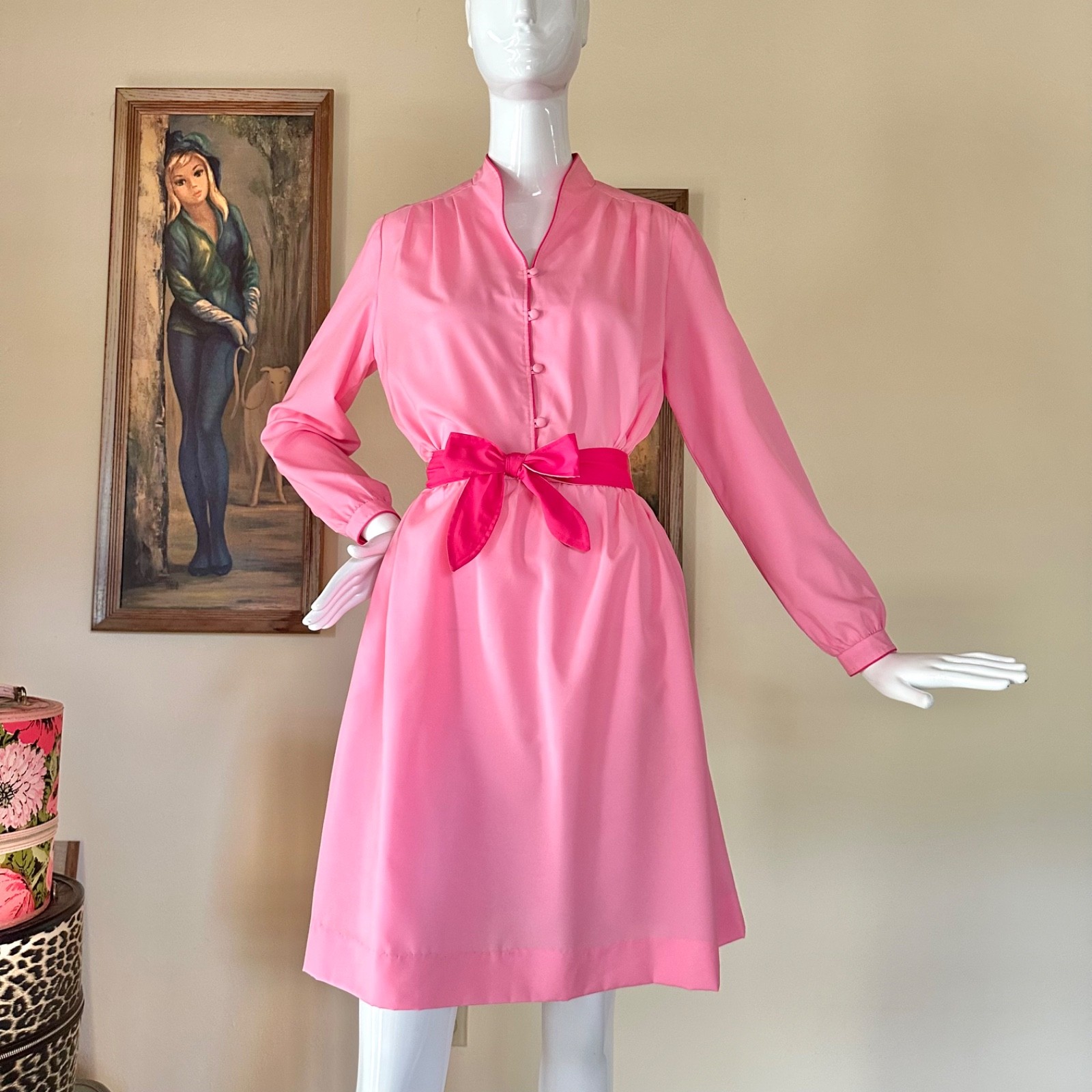 Vintage 1970s Bubblegum Pink Color Block Secretary Day Dress SATC Disco L