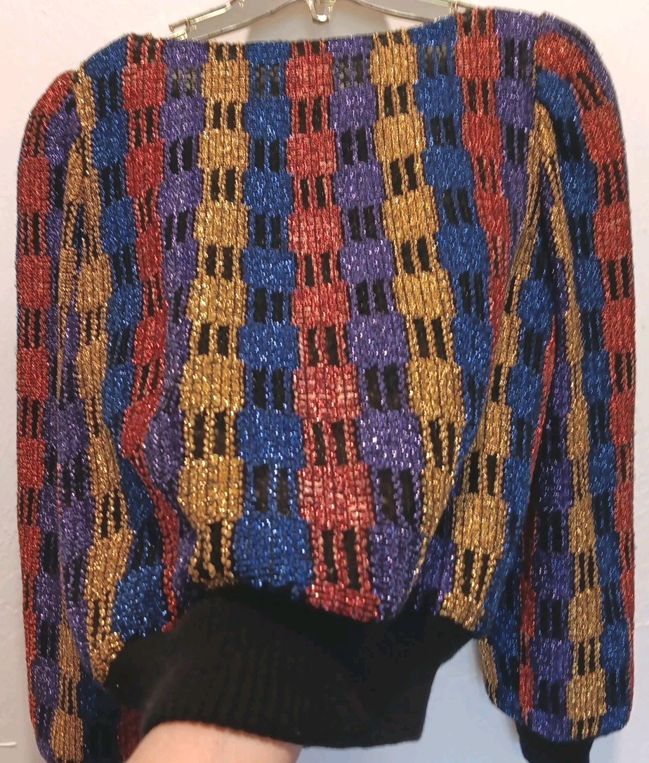 Vintage Ned Gould NR1 Sz S* Shiny Holiday Multicolor Art Deco Block Longsleeve