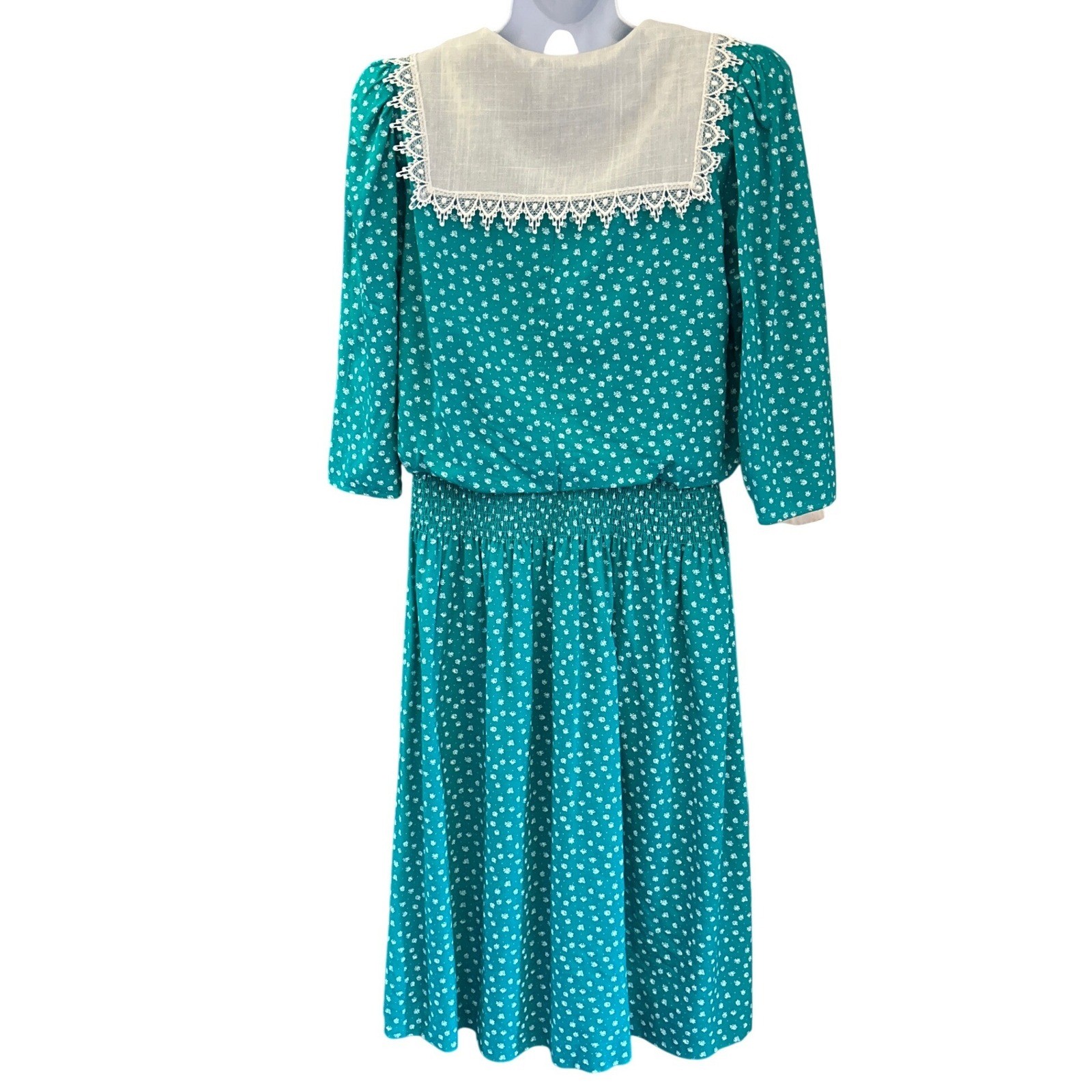 80s Dawn Joy Fashions Midi Dress Cottagecore Prairie Sailor Collar Teal Floral