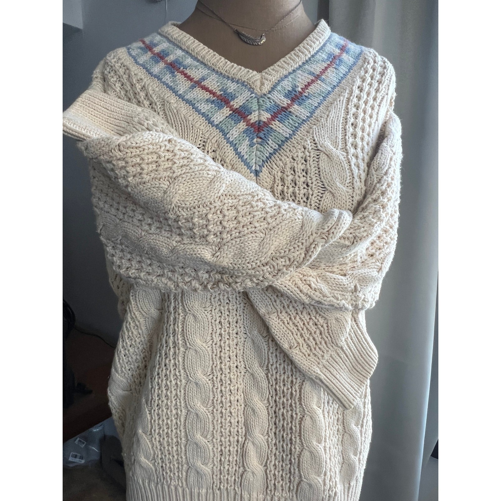 Weathervane Sweater vtg Cable Knit V-Neck Cream argyle neck SM preppy tennis