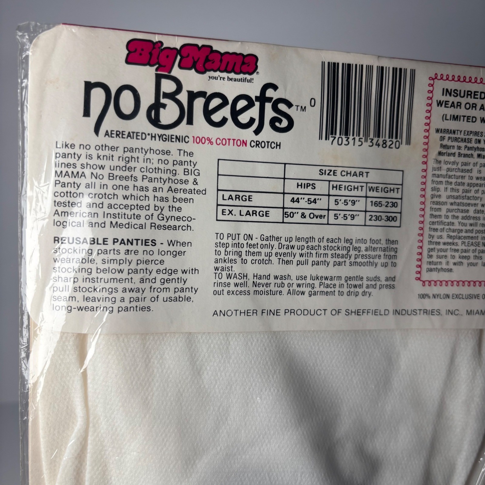Vintage 1978 Big Mama No Breefs Pantyhose White Panty Suntan Legs Large NOS