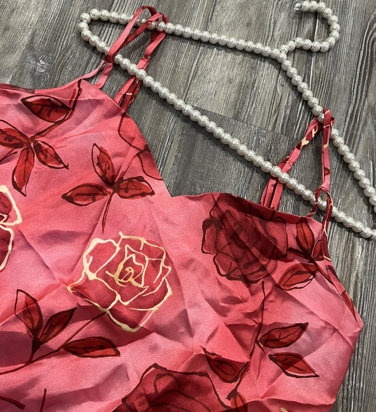 VTG80’s Alexandra Nicole Women’s Red Pink Roses Doubled Spaghetti Straps Slip M
