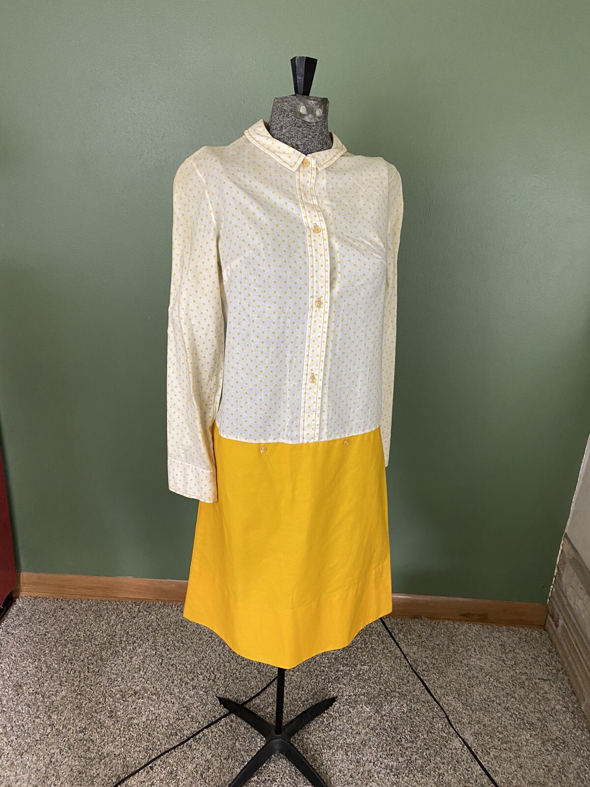 VTG 60s Yellow Dot Jumper Peter Pan Collar Dress Suspenders Overall Drops Waist