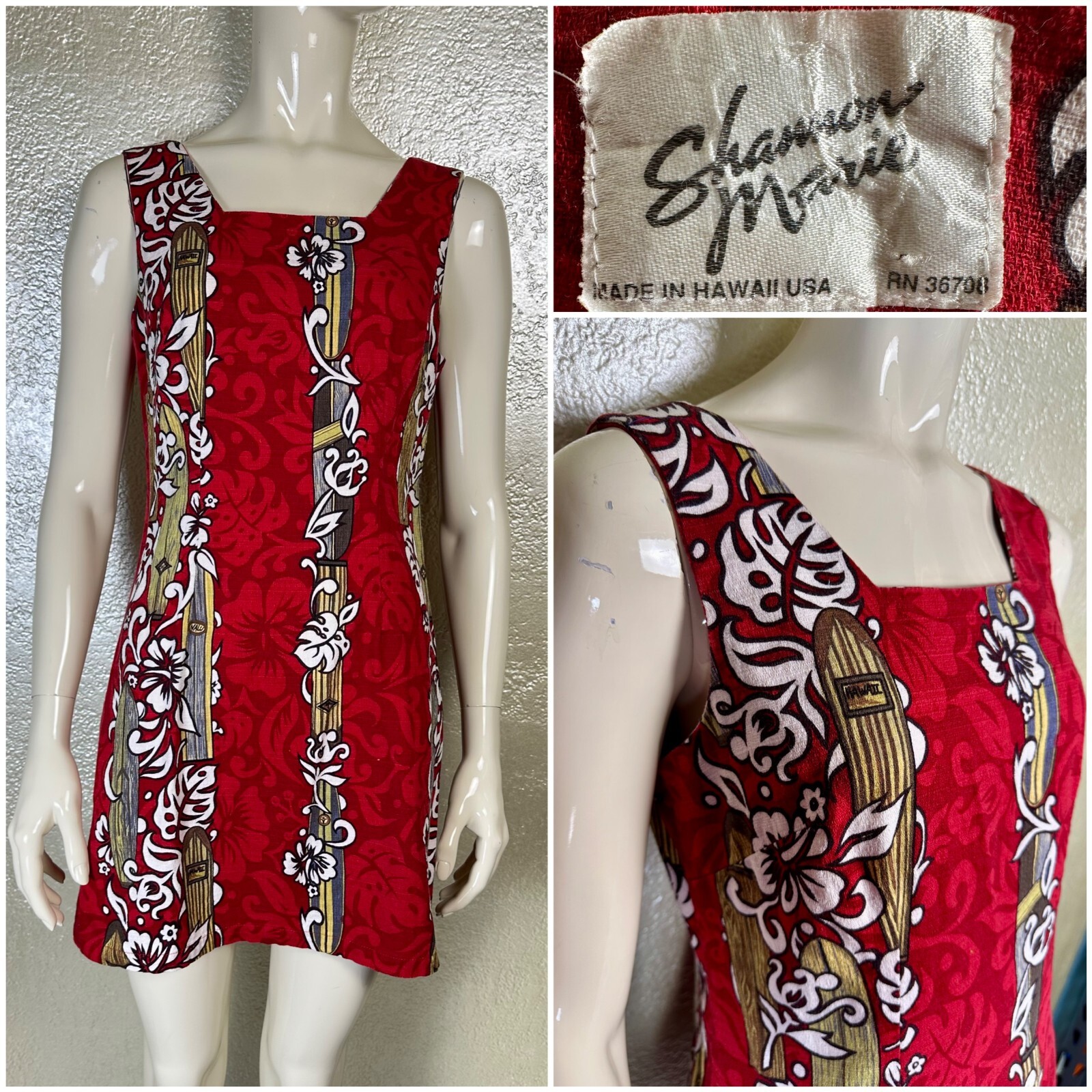 Vintage 1990s Ladies SHANNON MARIE Red Surfboard Hawaiian Cotton Barkcloth Dress