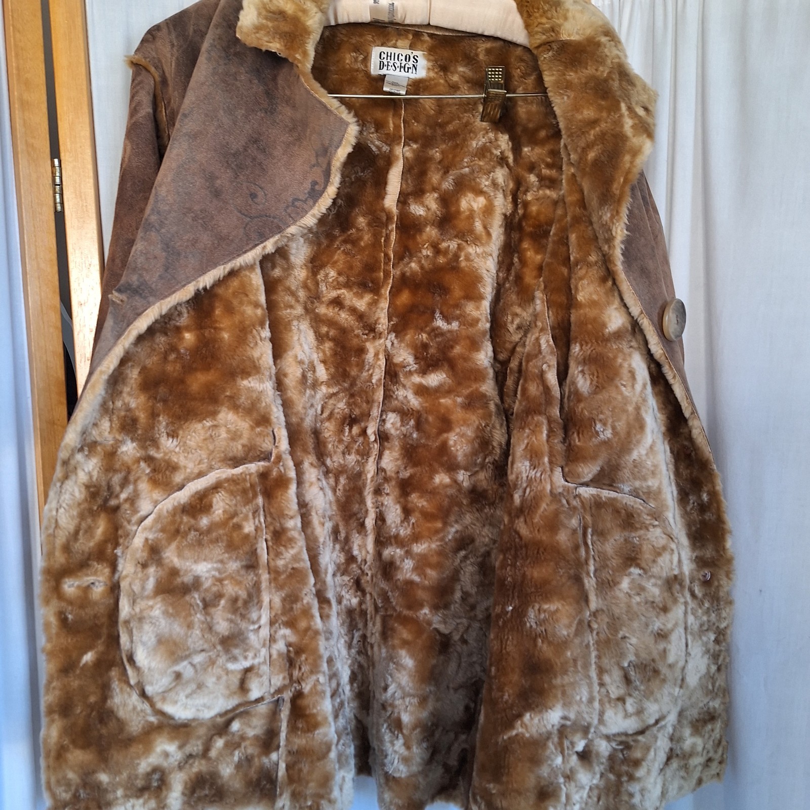 Vtg Chico’s Design Artisan Faux Suede Fur Shearling Coat Sz 1