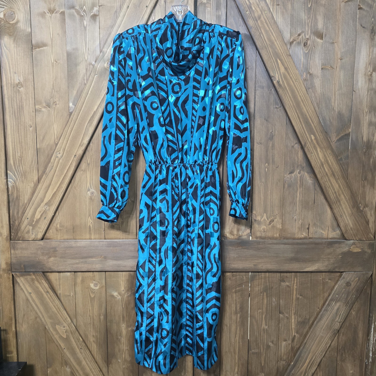 Vintage DW3 Dress Size 10 Teal Black Abstract Satin Cowl Neck Midi Long Sleeve