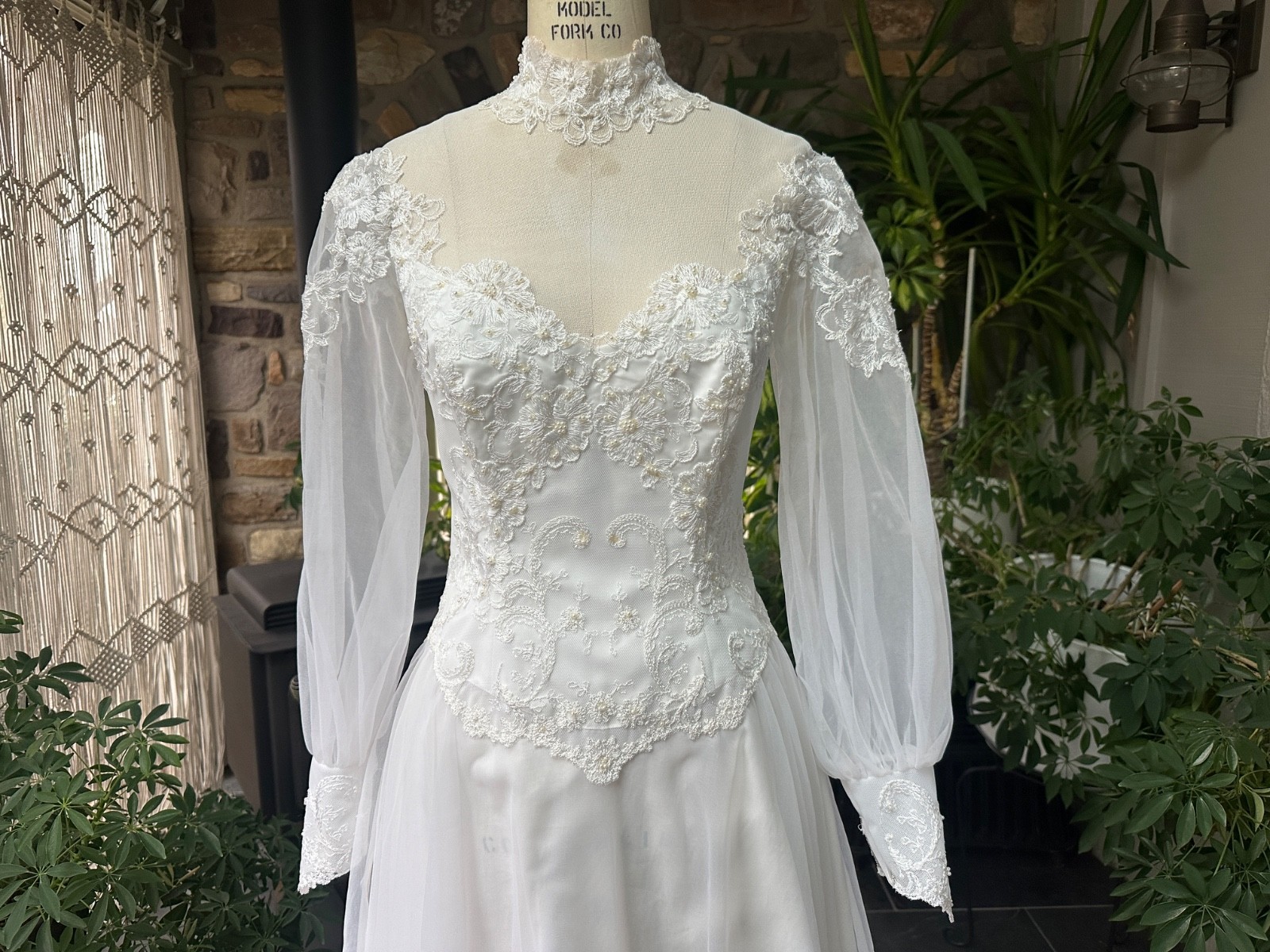Vintage 1970s White High Neck Nylon Chiffon and Lace Wedding Gown