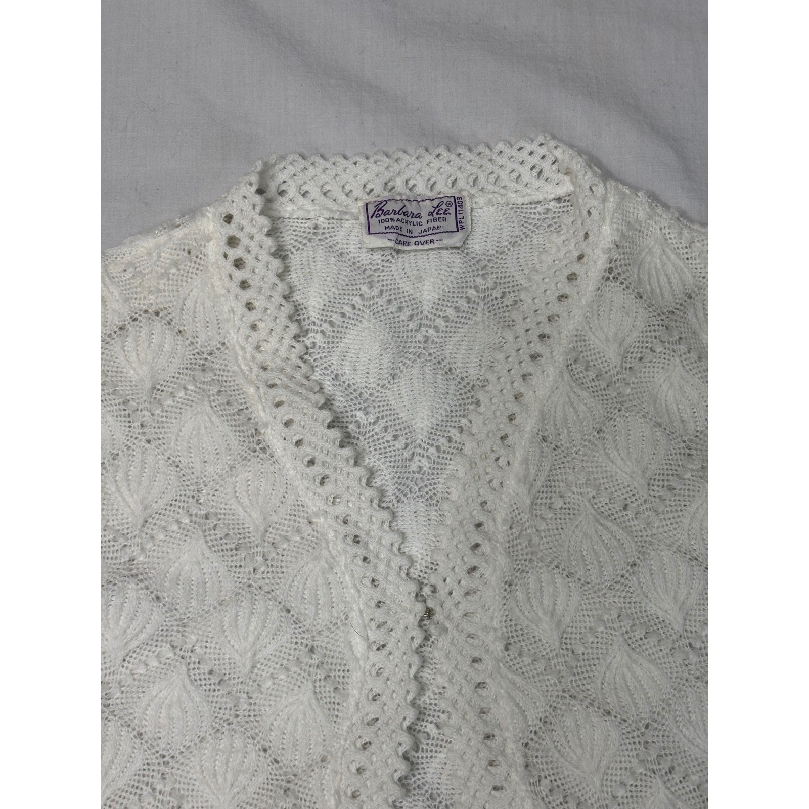 Vintage Barbara Lee White Pointelle Knit Cardigan Open Front Lace Trim Japan