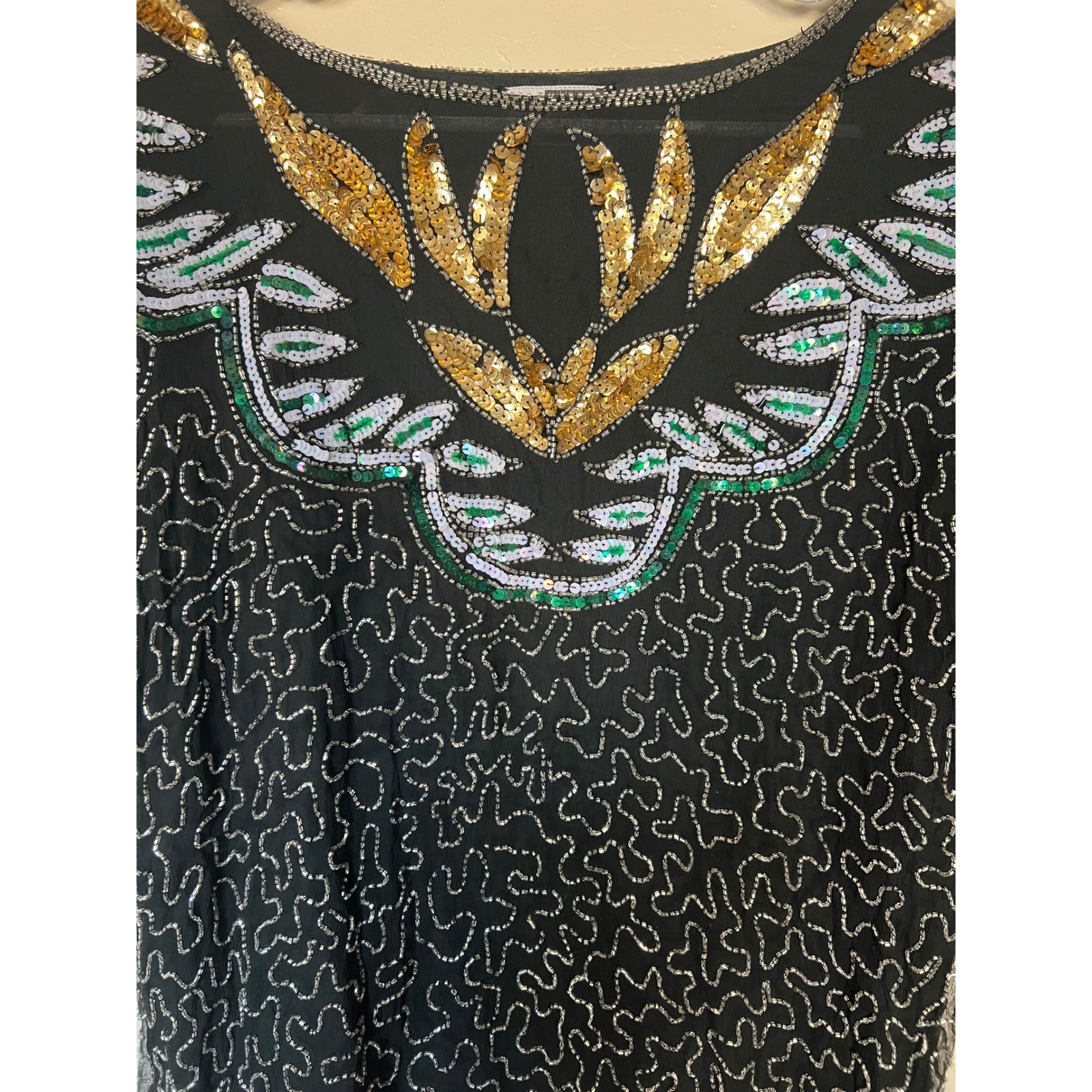 Carina Vintage Pure Silk Beaded Sequin Top Black Gold Silver Flapper Gatsby L