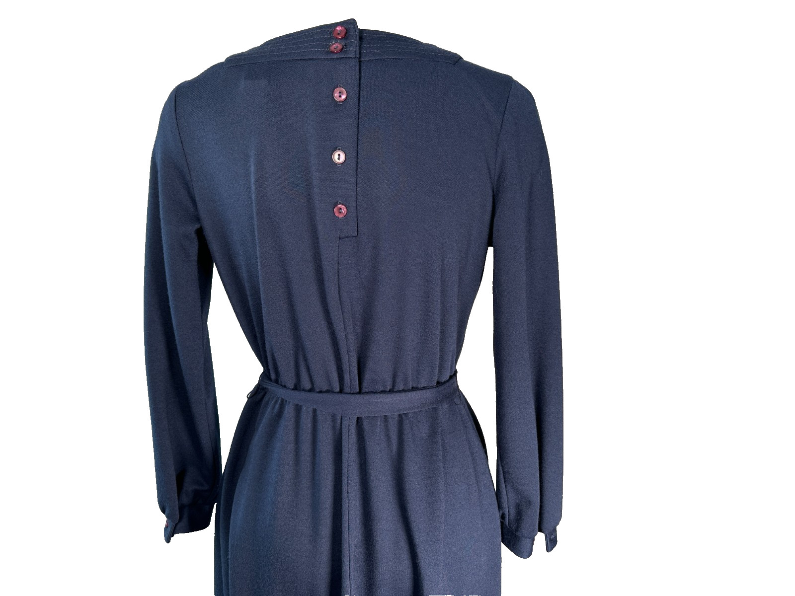 VTG 70s Twee Navy Blue Pleated Dress Square Neck Belted Aline Midi Secretary S/M