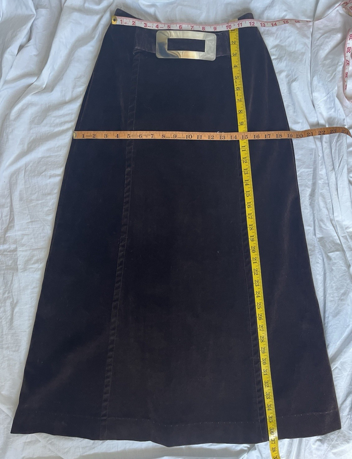 Vintage 1970s Maxi Skirt Brown Velveteen Metal Buckle Boho Hippie Grunge 70s XS