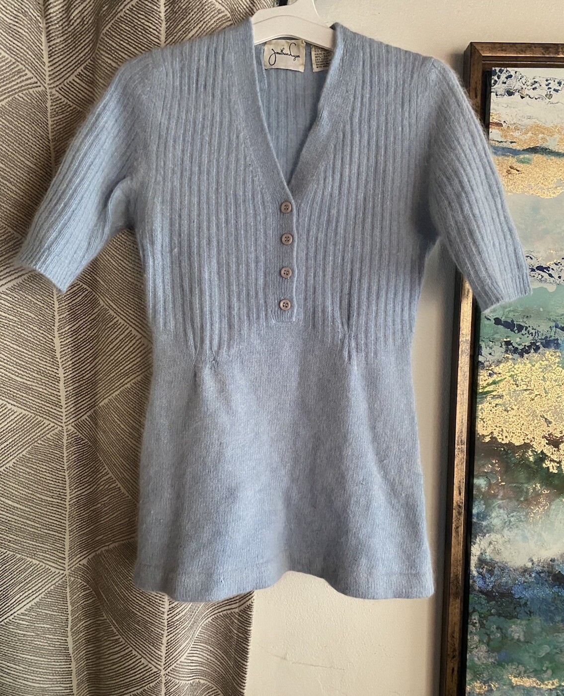 Vintage Jonathan Logan Sweater Women Sz 7 S Light Blue Short Sleeve Wool Angora