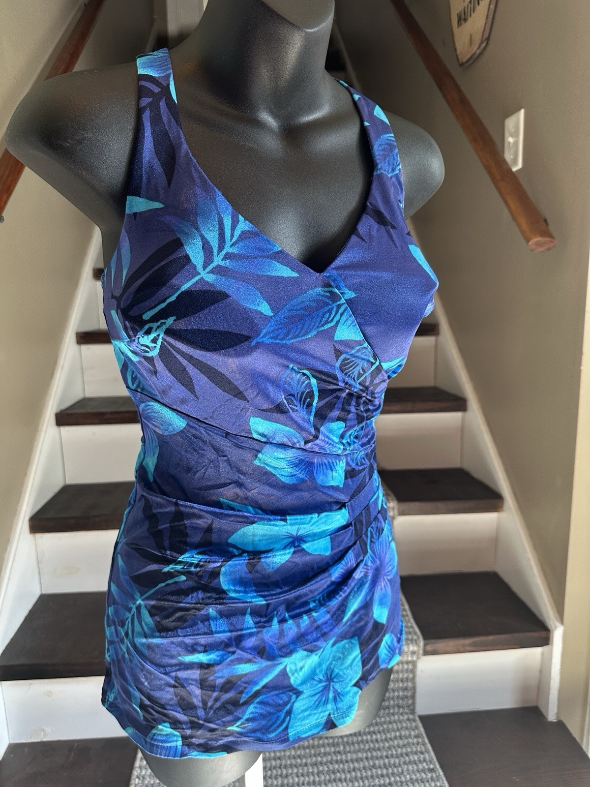 Vintage PinUp Royal Blue Floral Maxine Hollywood Lined Quality Swim Bathing Suit