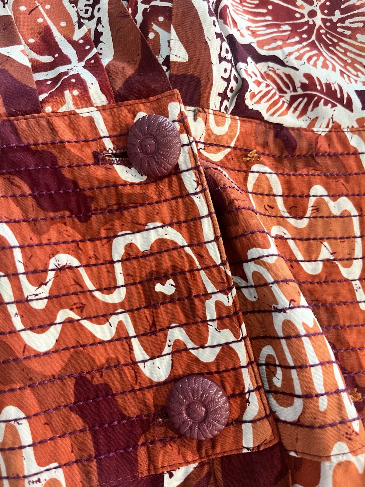 Vintage Barbara Barbara Rayon Wrap Effect Batik Print Dress Rust Cream Large