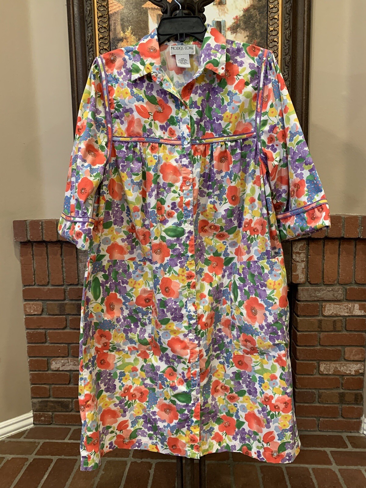 Vintage Models Floral House Coat Mumu Granny Core Pearl Snap Buttons Size 14