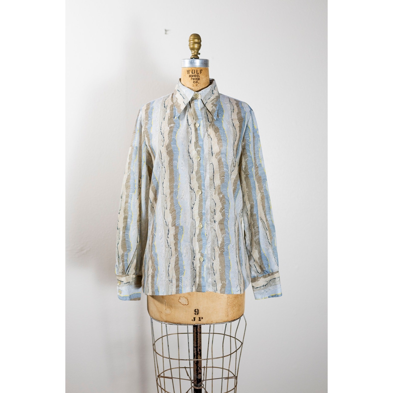 Vintage 70s Blouse, Dagger Collar, Hippie Abstract Neutral Watercolor Shirt, Med