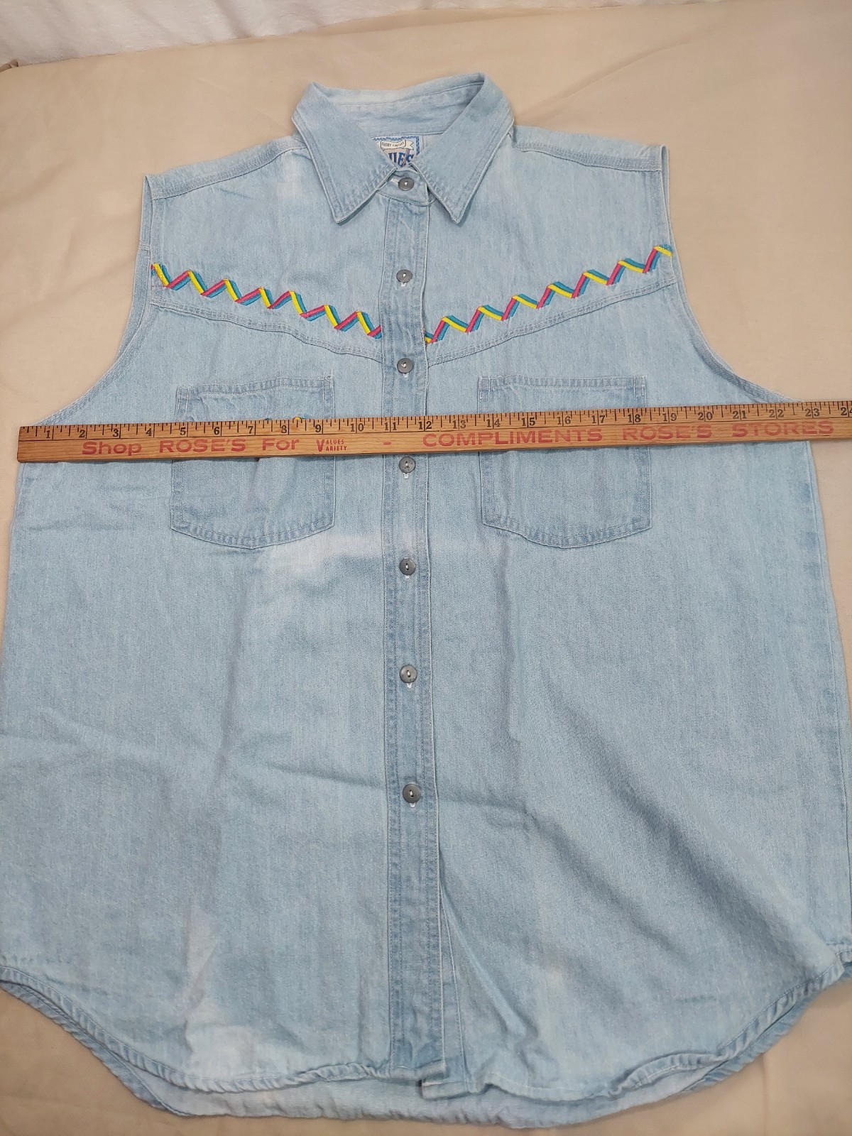 Vintage Denim Shirt L Sleeveless Western Zig Zag Boho Cowgirl 90s 100% Cotton