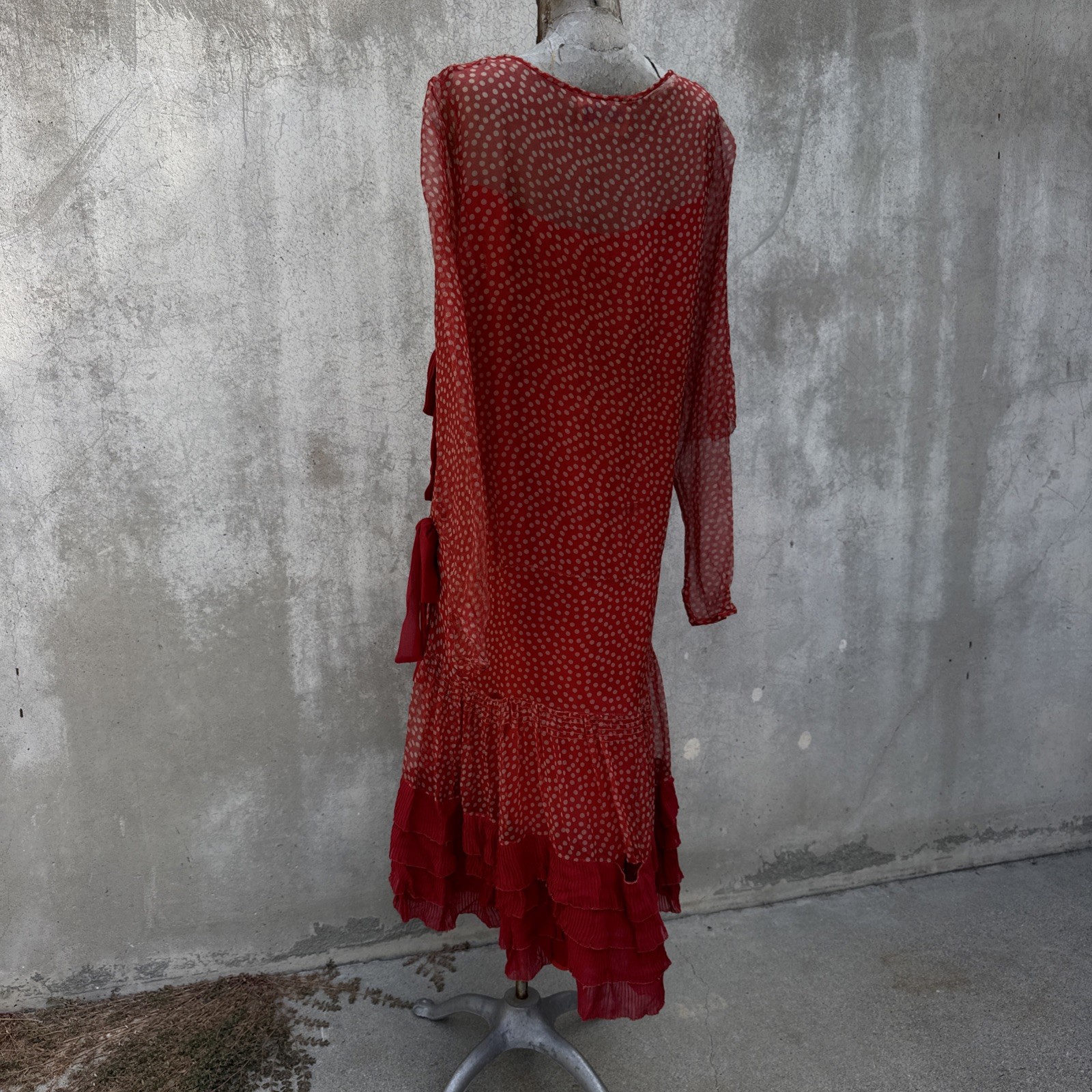 Antique 1920s Red Silk Chiffon Dress Polka Dot Asymmetrical Bow Marjone Vintage