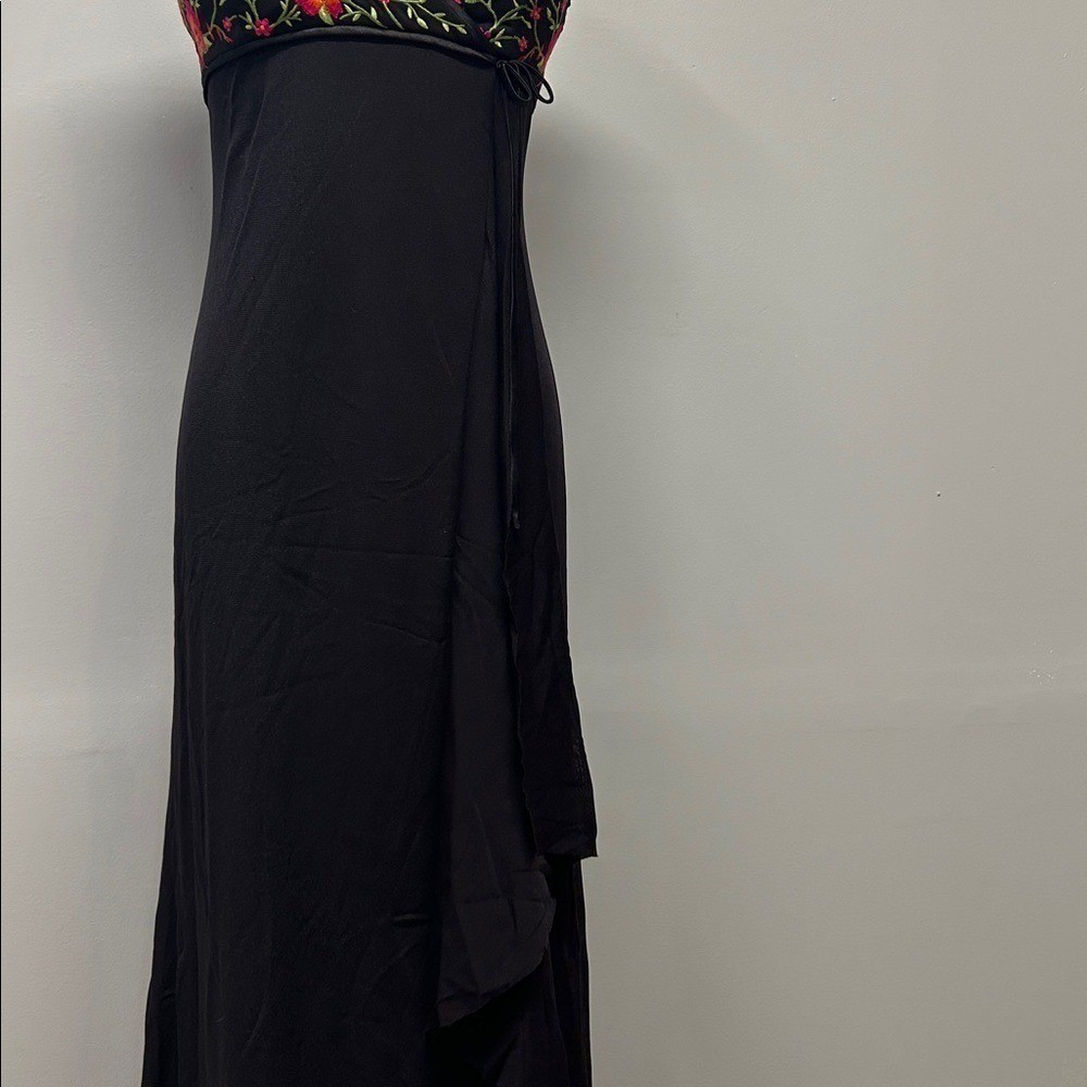 Vintage 90s De Laru Black Floral Embroidered Maxi Slip Dress Formal