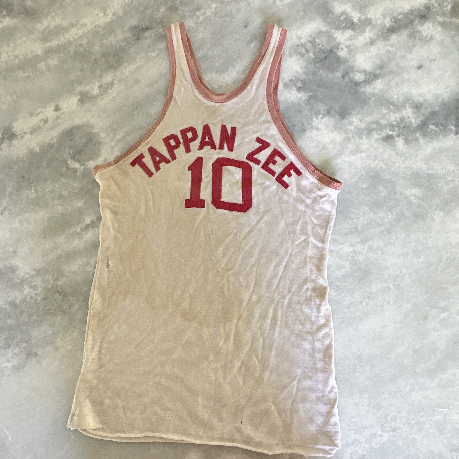 Tappan Zee Men’s Basketball Jersey Tank Top White/Vermilion Wool Durene