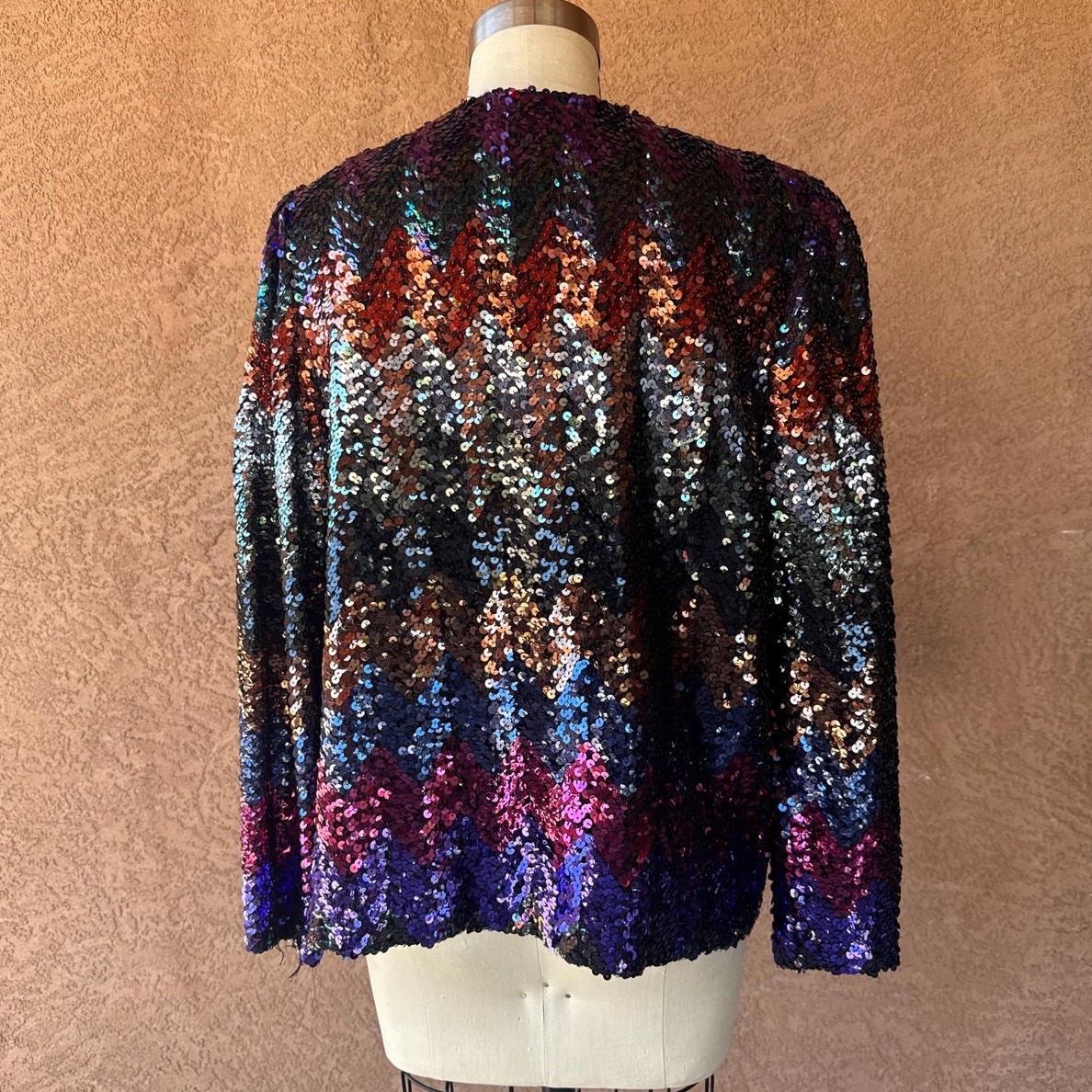 Vintage 80s Sequin Jacket Multicolor Iridescent Chevron Zigzag Evening Wear
