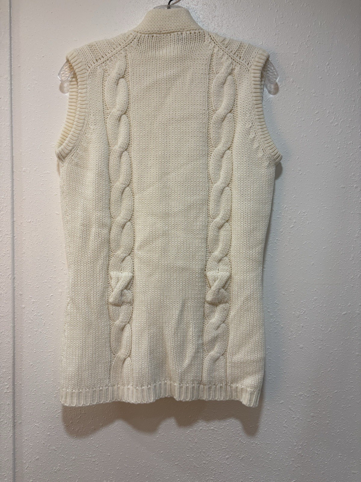 VTG Full Fashioned Loomed Ivory Knit Sweater Vest Button Up Pockets NO BELT Sz M