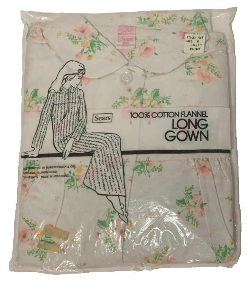 Vintage Sears Cotton Flannel Long Night Gown M Floral Design Peter Pan Style M