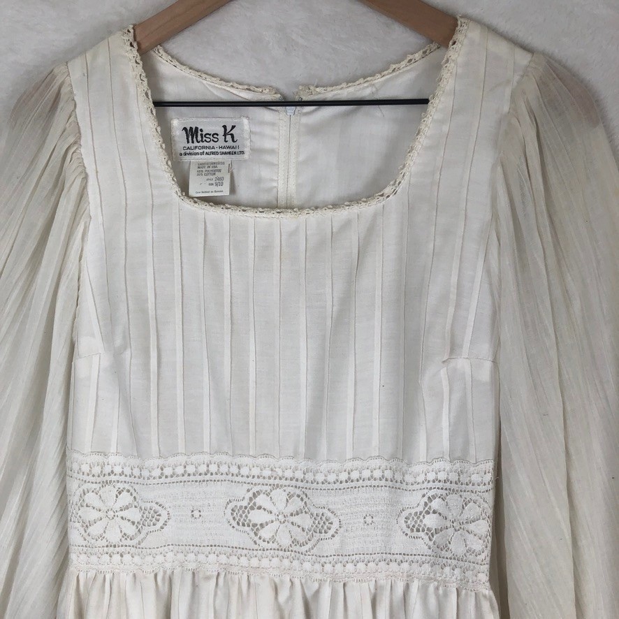 VTG MISS K Alfred Shaheen Lace Maxi Dress Bishop Sleeve Sz 9/10 White Wedding US