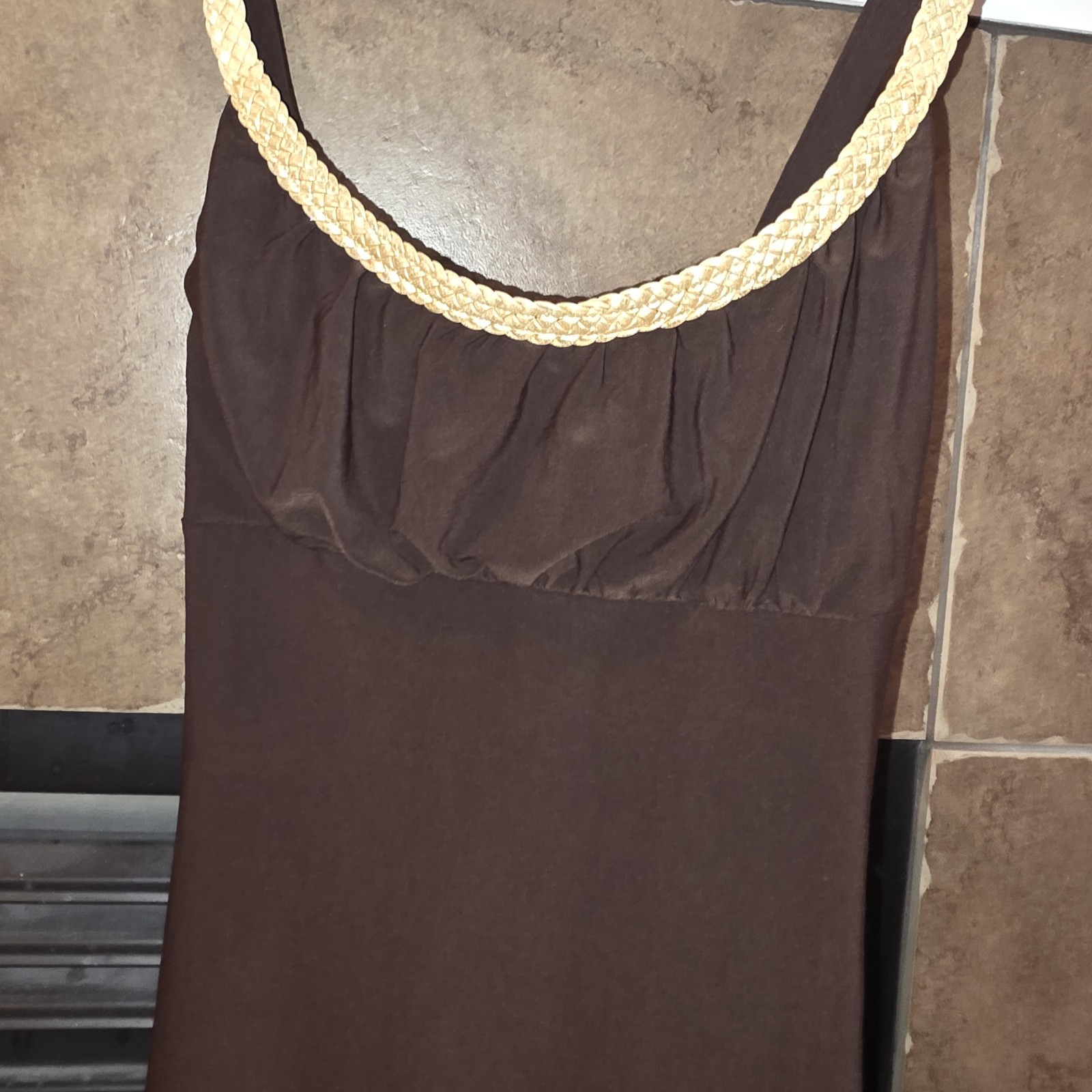 NINA PIU Sz XS Y2K Vintage Brown Gold Rope Neck Trim Brown Whinsy Fairy Dress